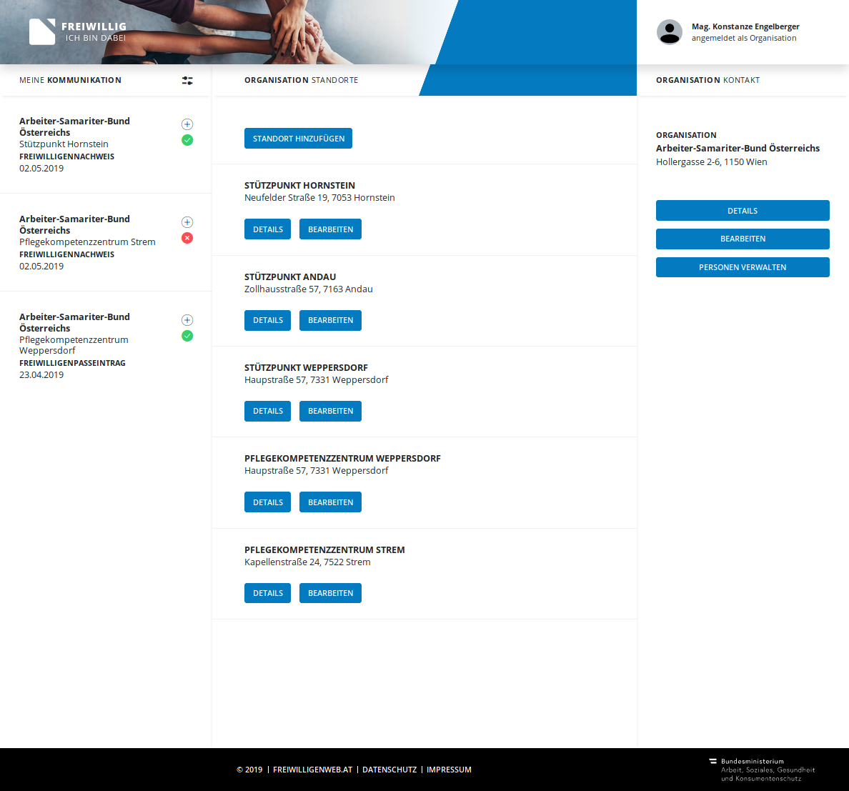 Screenshot: Auflistung der Standorte einer Organisation