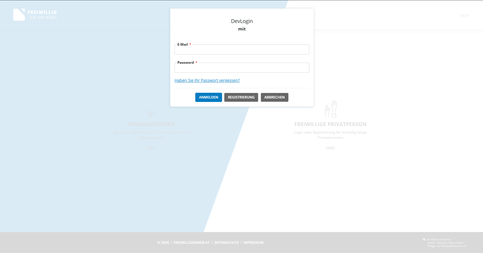 Freiwilligenpass Seite mit Login-Fenster