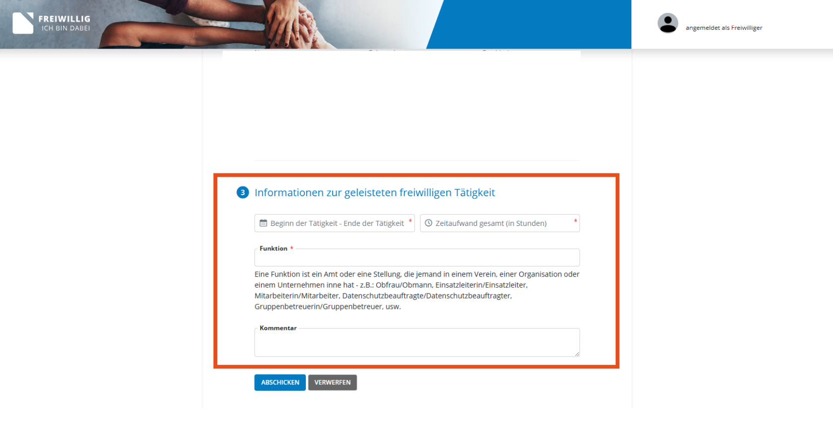 Eintragen der Taetigkeit