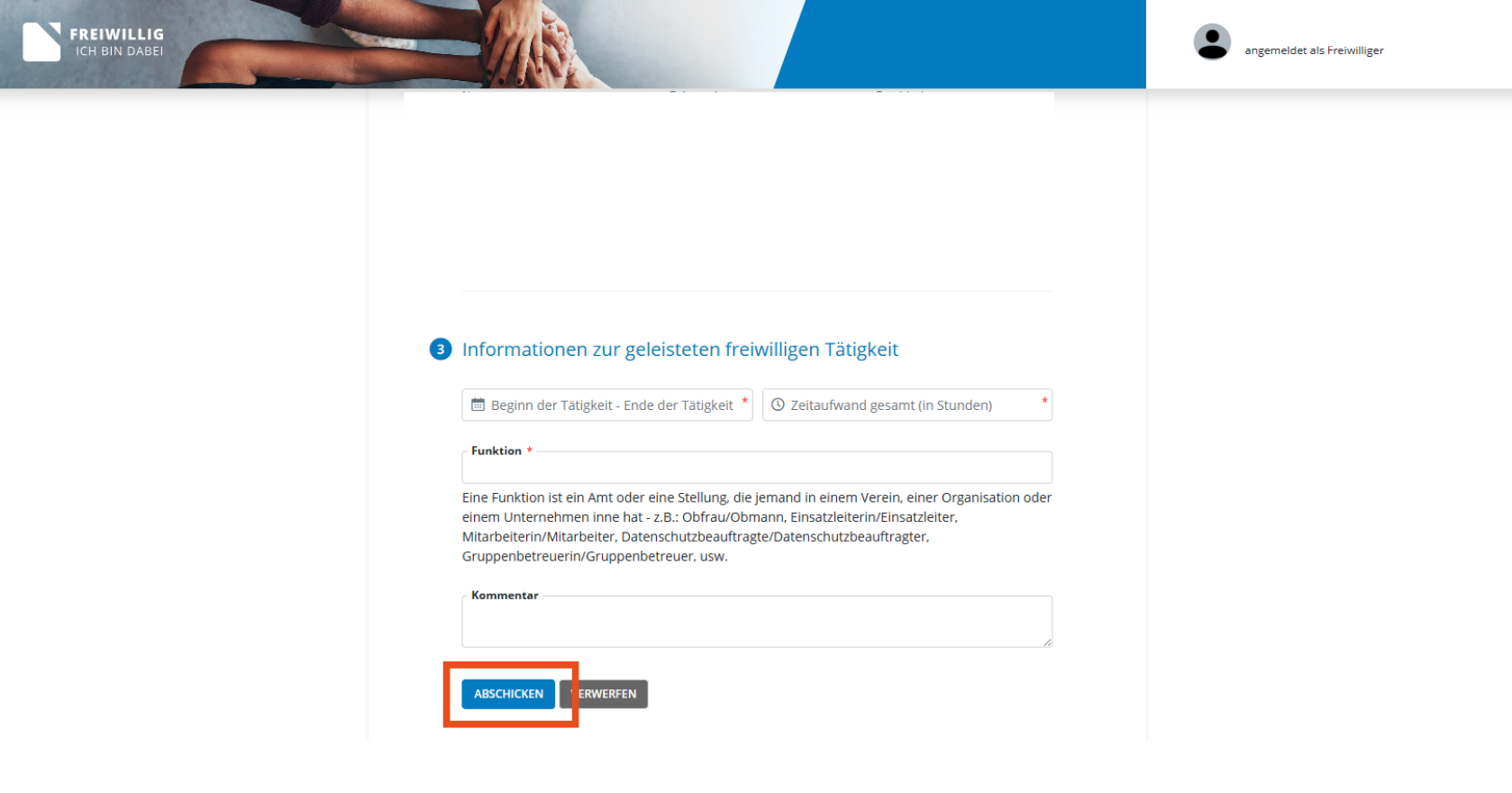 Freiwilligenpass - Absenden