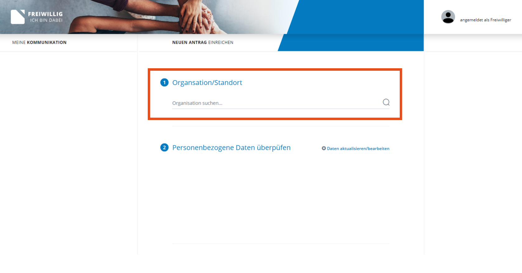 Nachweis anlegen - Organisationssuche