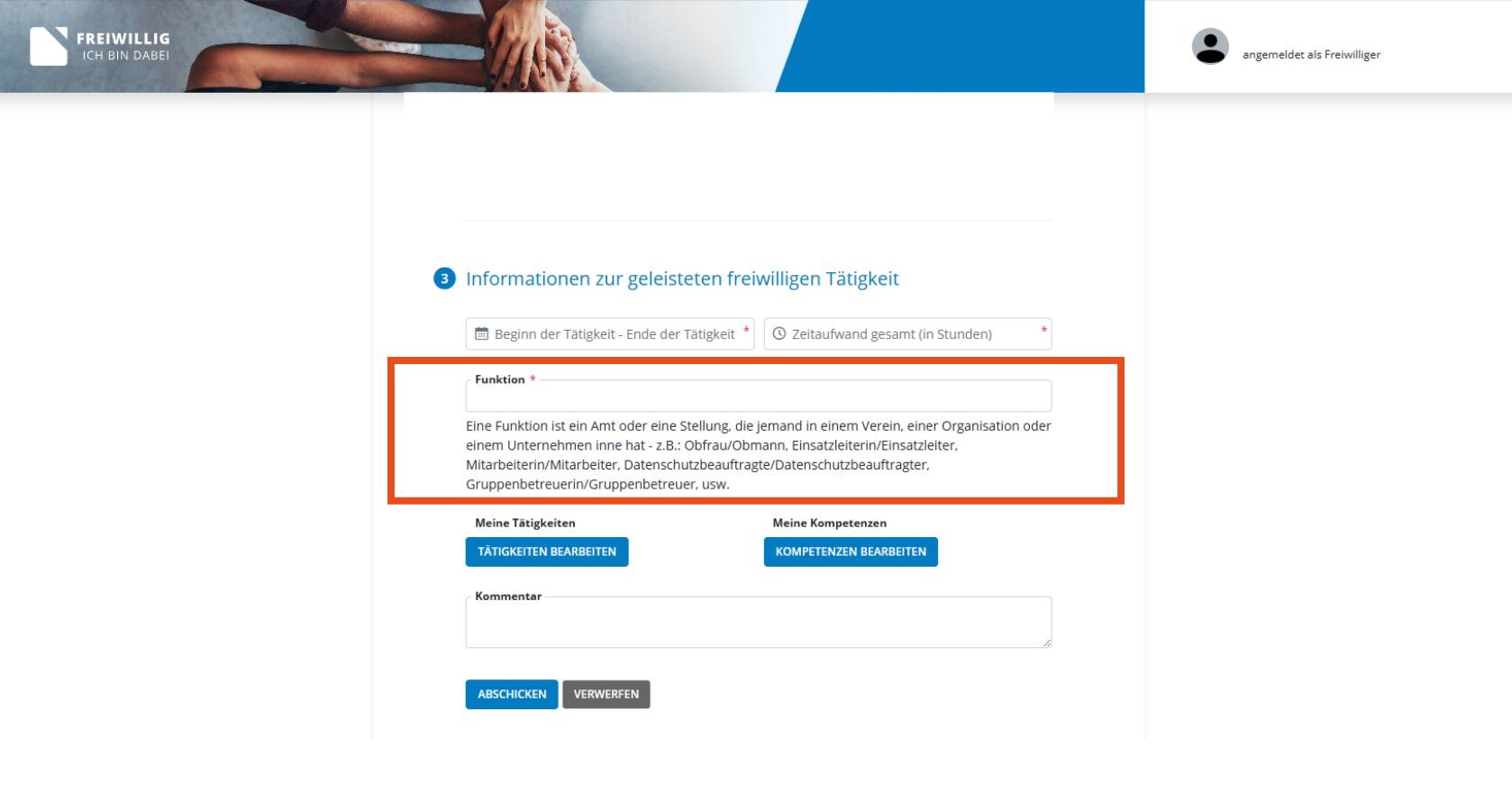 Tragen sie Ihre Position ein