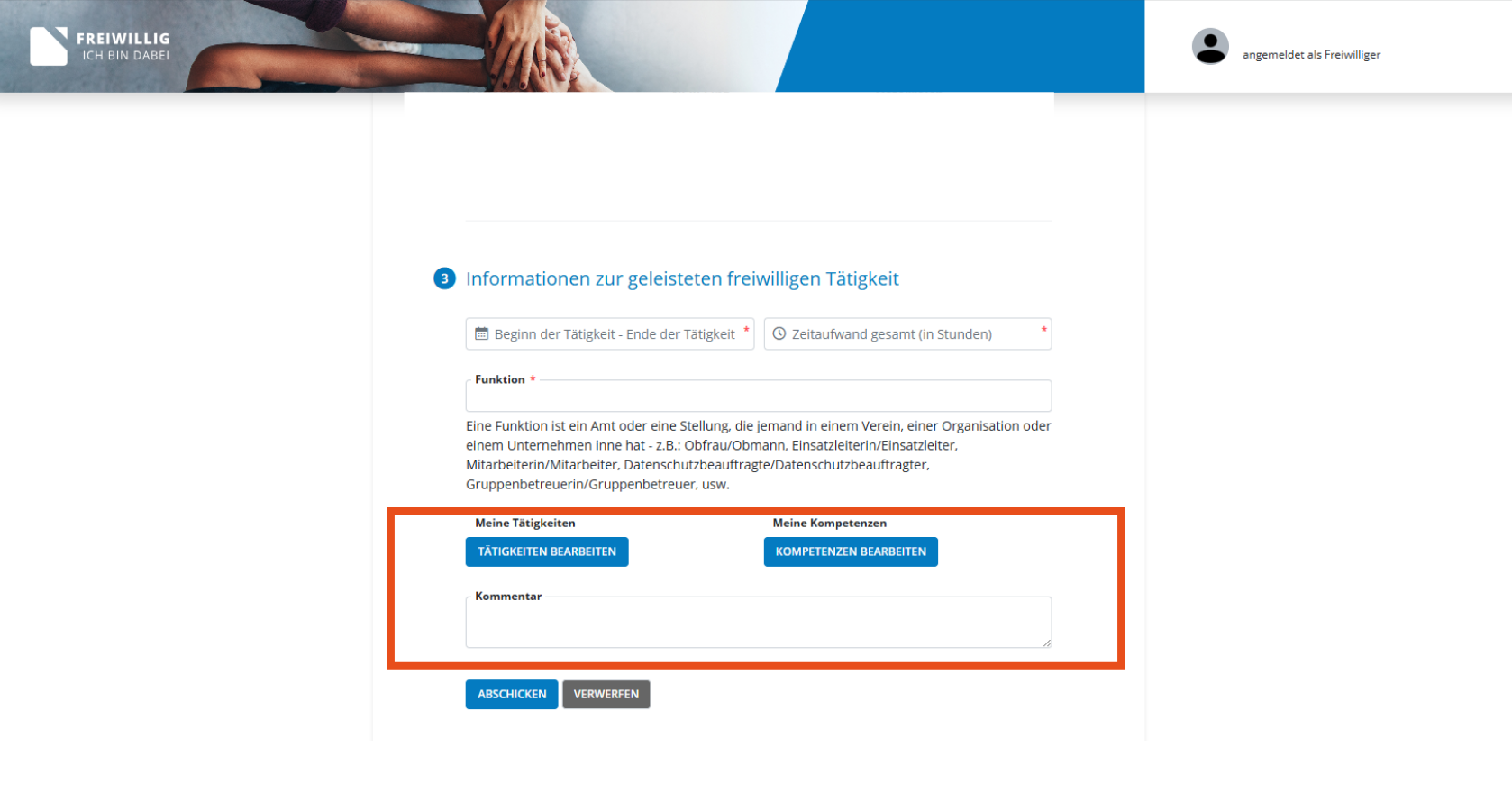 Fügen sie Aufgaben, Kompetenzen und einen Kommentar hinzu.