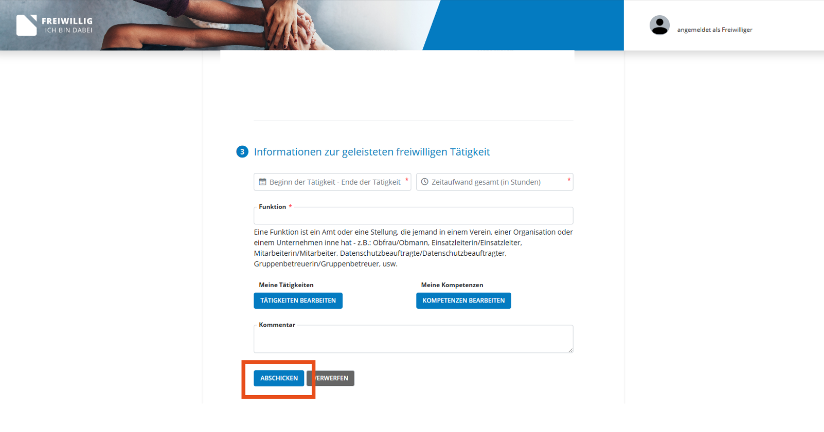 Formular absenden - Freiwilligennachweis erstellen