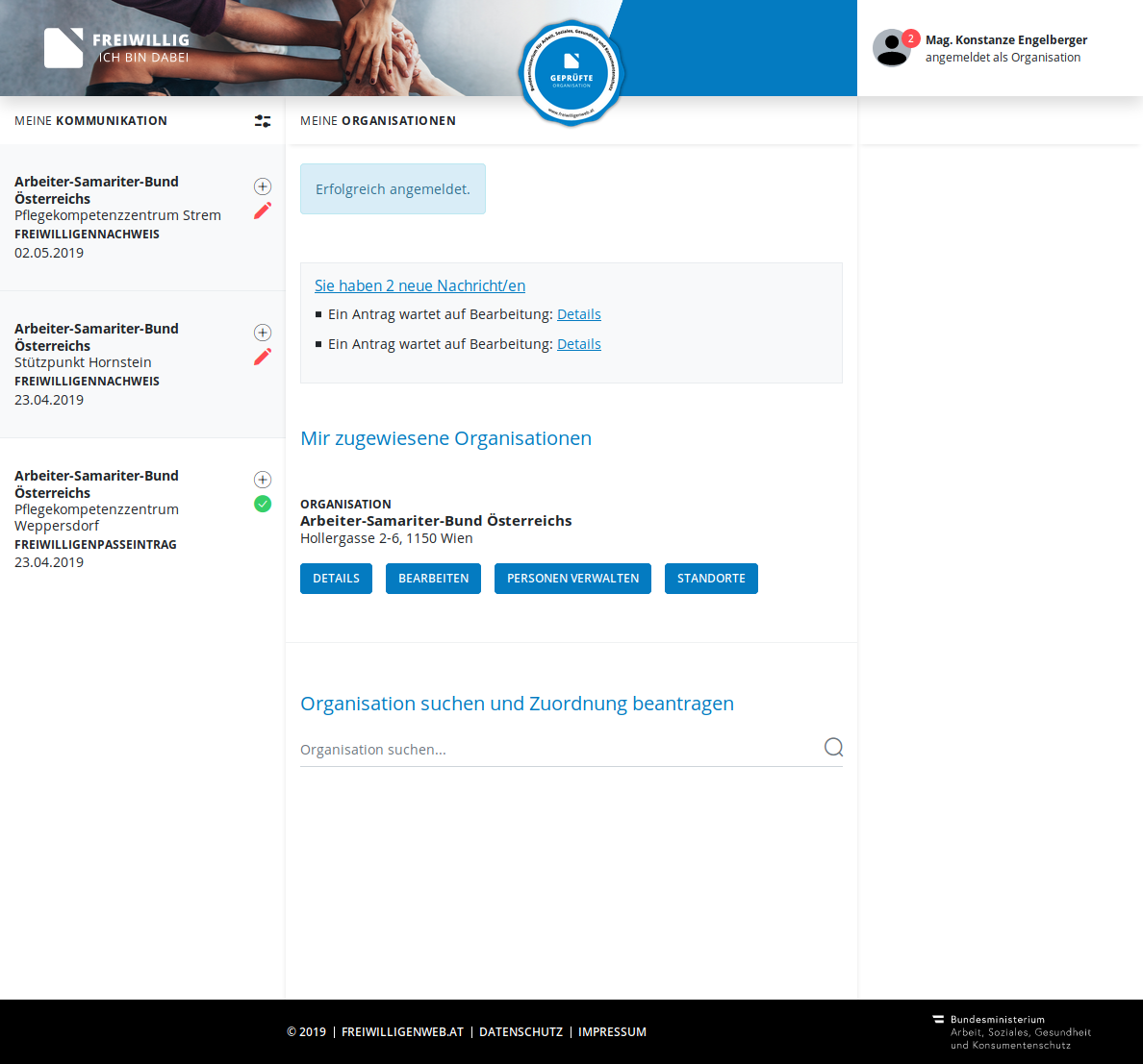 Organisationsübersicht mitallen Details der Organisation.