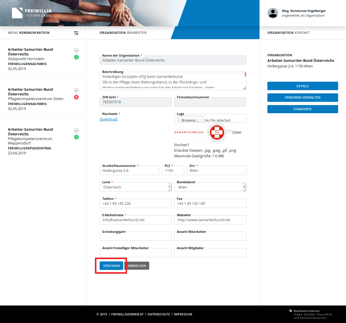Organisationdetails speichern