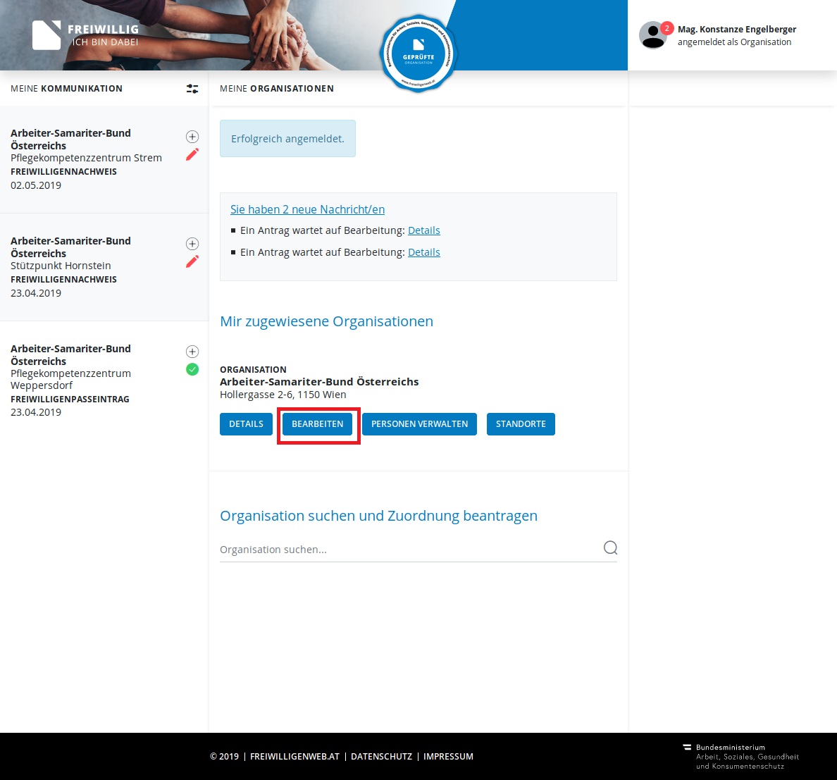 Organisationsdetails bearbeiten